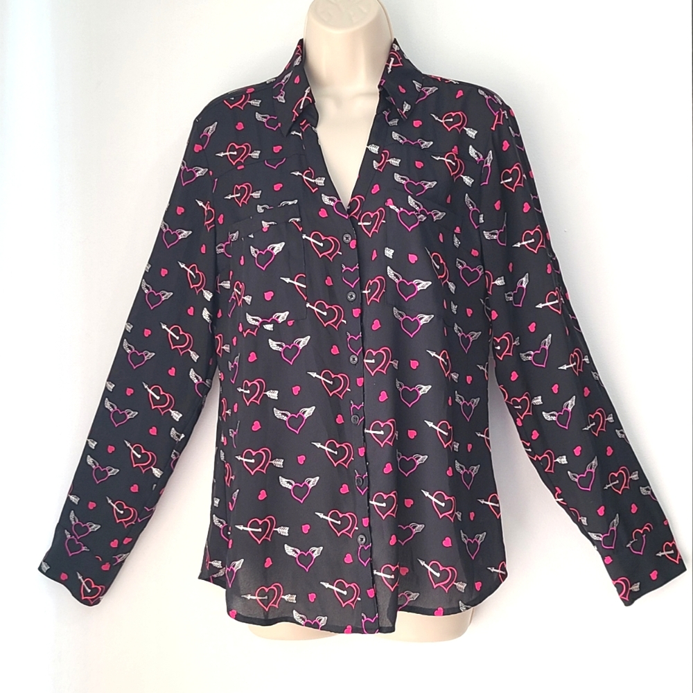 EXPRESS "The Portofino Shirt" Blouse Winged Hearts Size Med Button-Up Slim Fit